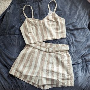 Windsor White & Taupe Striped Bralette and High Waisted Shorts Set